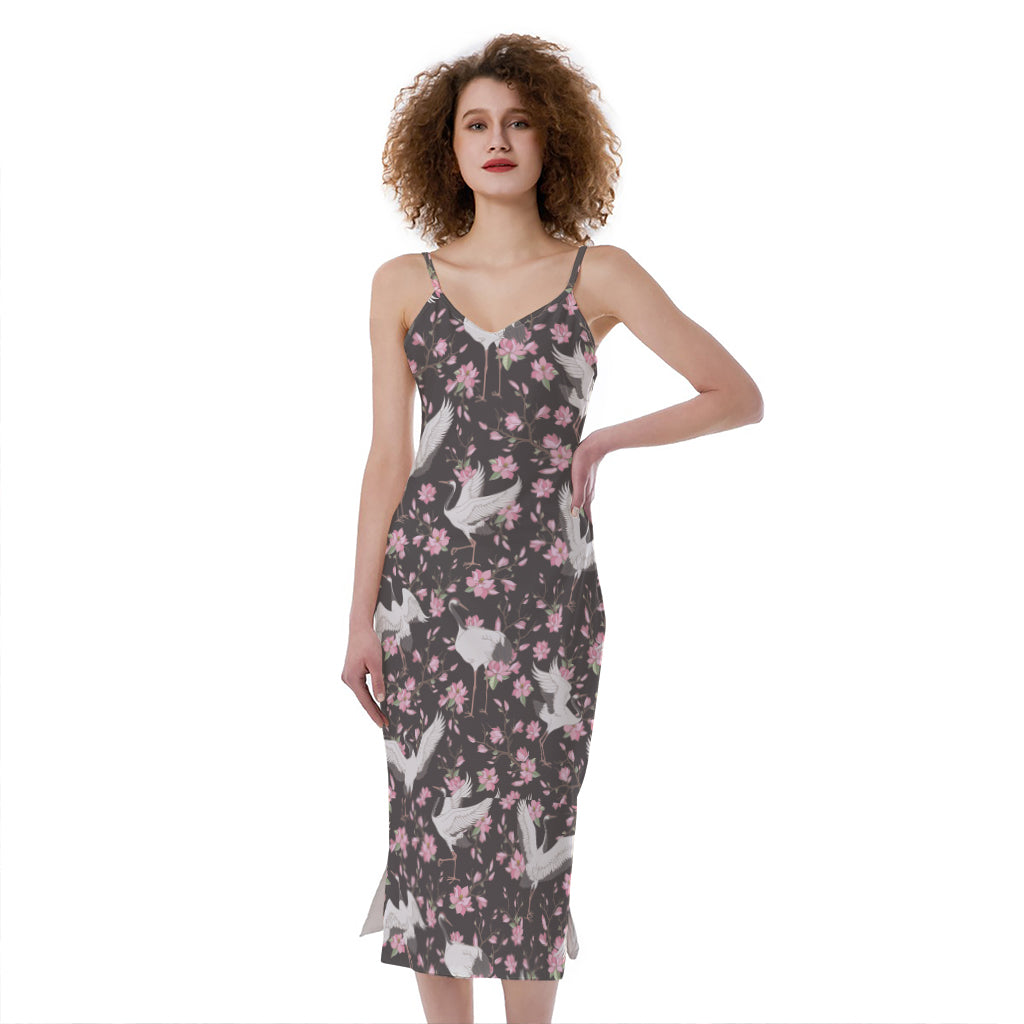 Crane Bird And Flower Pattern Print Slim Fit Midi Cami Dress