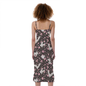 Crane Bird And Flower Pattern Print Slim Fit Midi Cami Dress