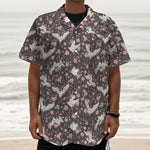 Crane Bird And Flower Pattern Print Textured Short Sleeve Shirt