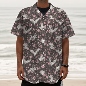 Crane Bird And Flower Pattern Print Textured Short Sleeve Shirt