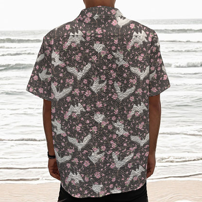 Crane Bird And Flower Pattern Print Textured Short Sleeve Shirt