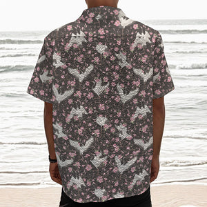 Crane Bird And Flower Pattern Print Textured Short Sleeve Shirt