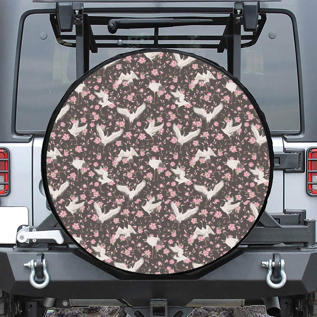 Crane Bird And Flower Pattern Print Tire Cover