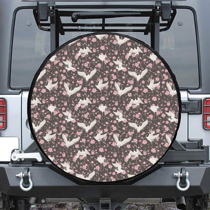 Crane Bird And Flower Pattern Print Tire Cover
