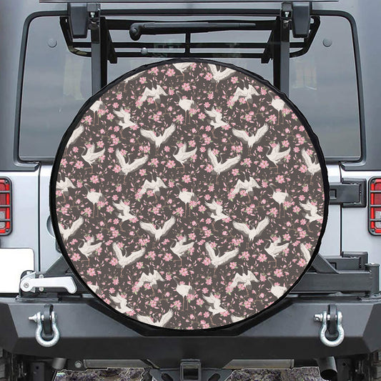 Crane Bird And Flower Pattern Print Tire Cover