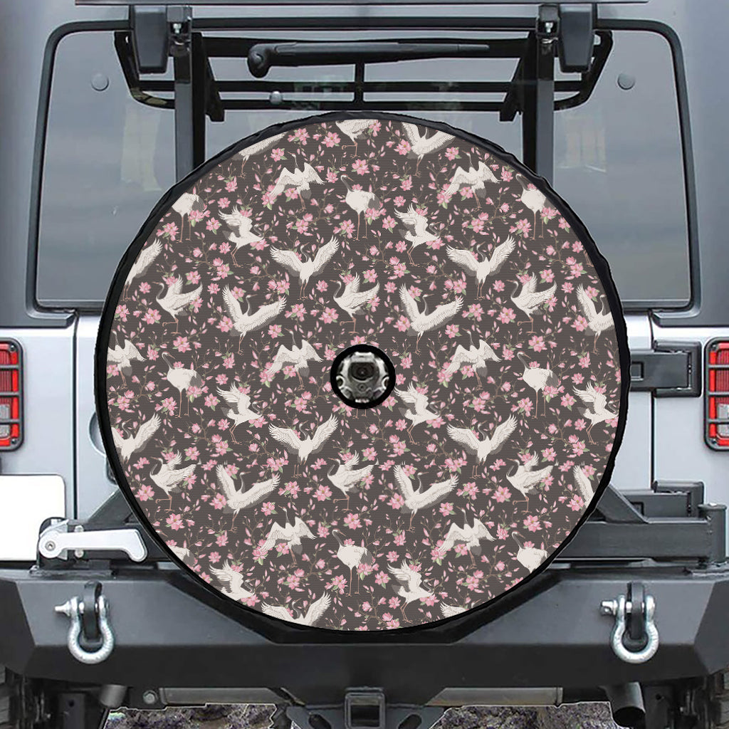 Crane Bird And Flower Pattern Print Tire Cover With Camera Hole