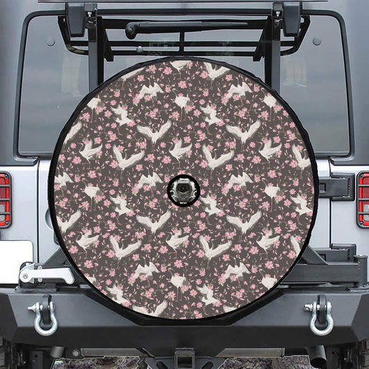 Crane Bird And Flower Pattern Print Tire Cover With Camera Hole