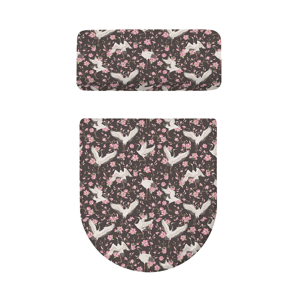 Crane Bird And Flower Pattern Print Toilet Lid And Tank Cover Set