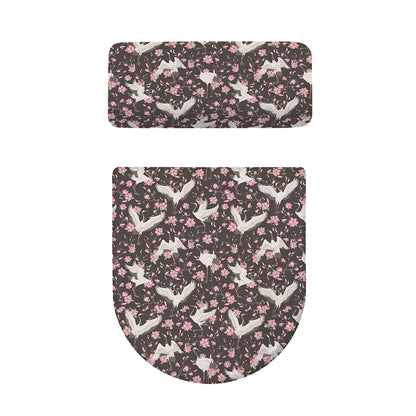 Crane Bird And Flower Pattern Print Toilet Lid And Tank Cover Set