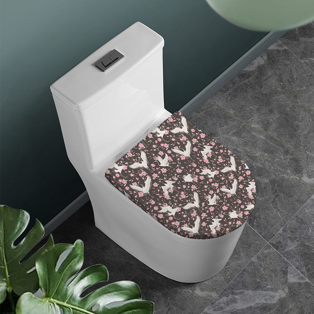 Crane Bird And Flower Pattern Print Toilet Lid Cover