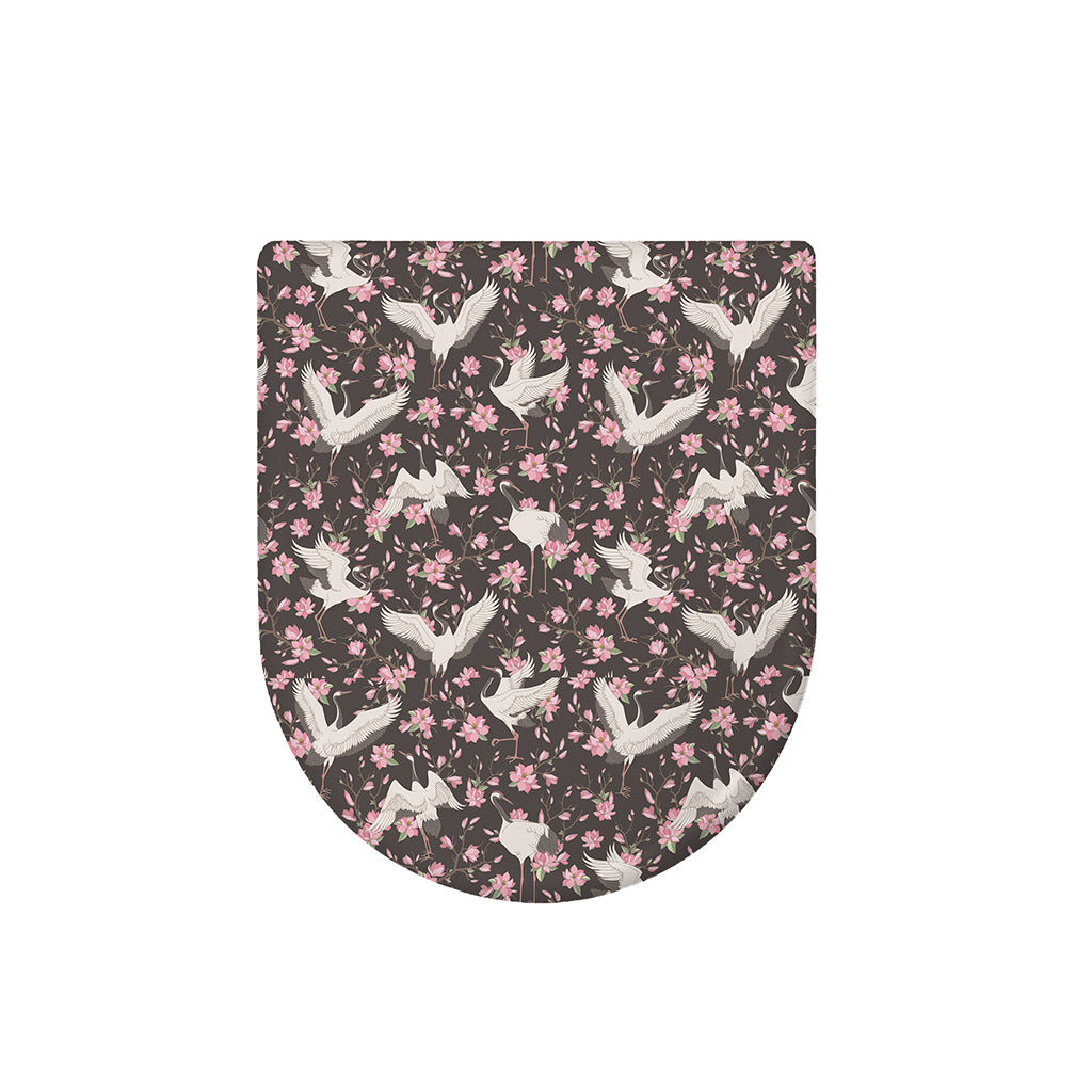 Crane Bird And Flower Pattern Print Toilet Lid Cover