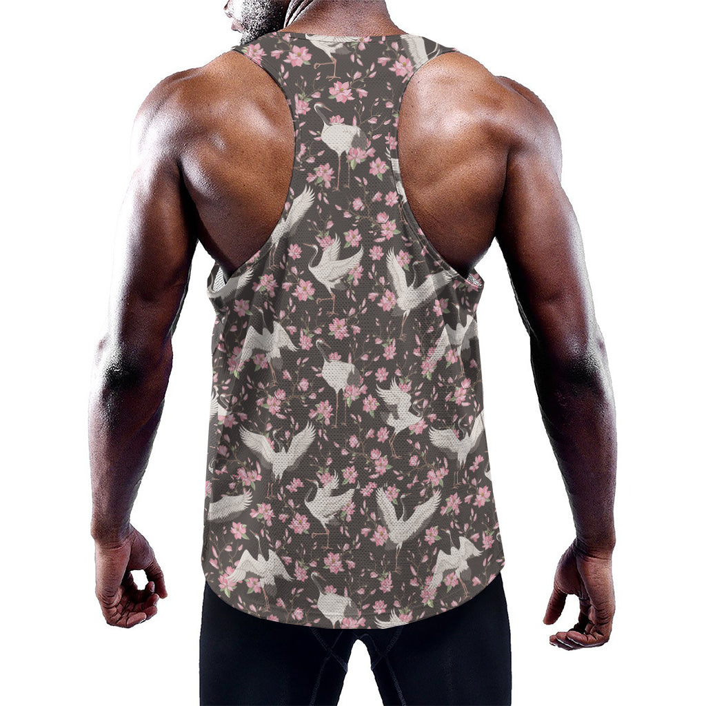 Crane Bird And Flower Pattern Print Training Tank Top