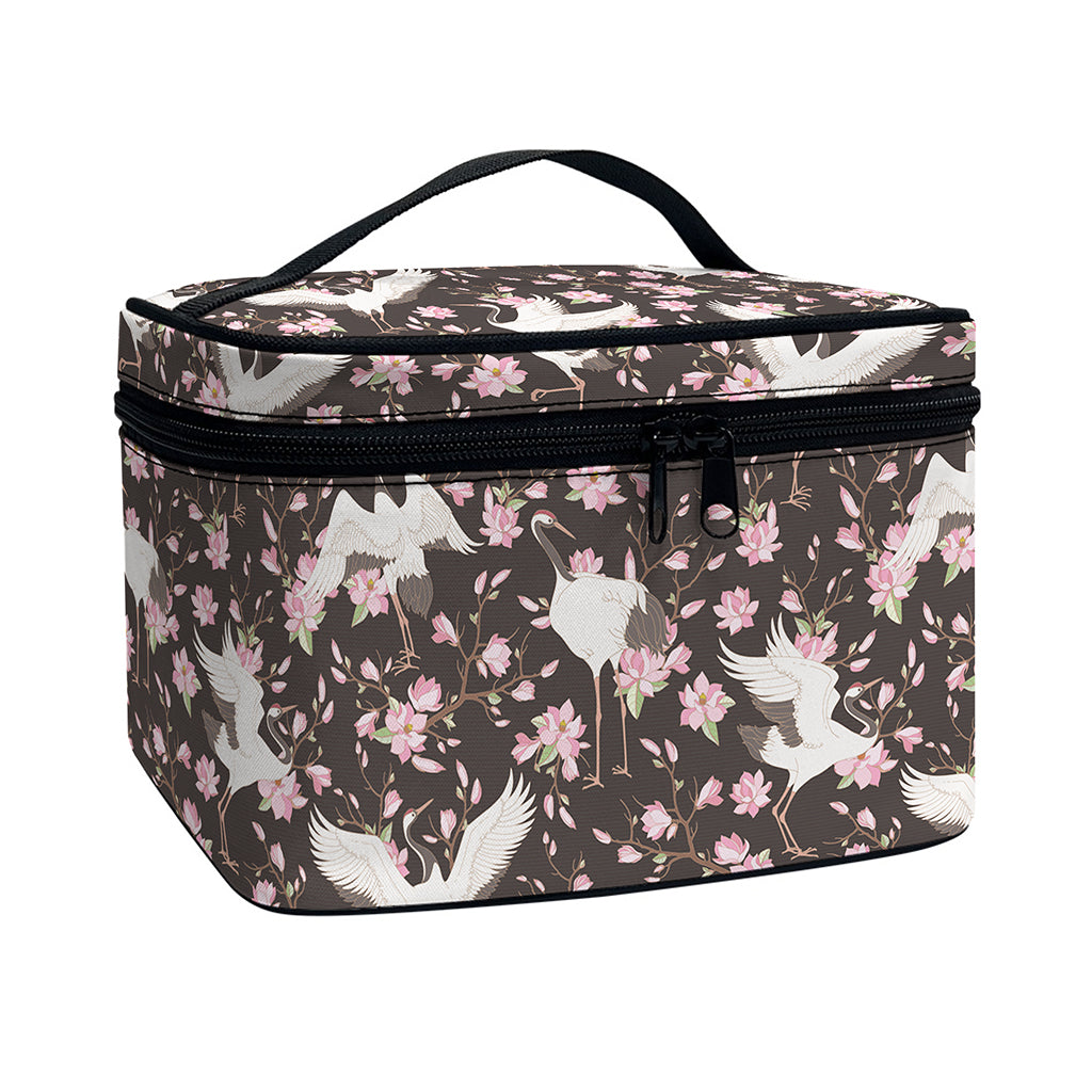 Crane Bird And Flower Pattern Print Travel Makeup Bag