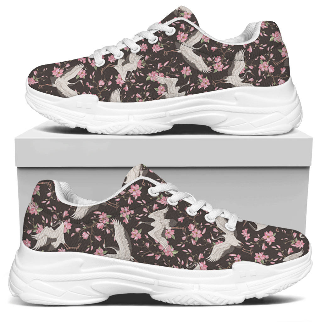 Crane Bird And Flower Pattern Print White Chunky Shoes