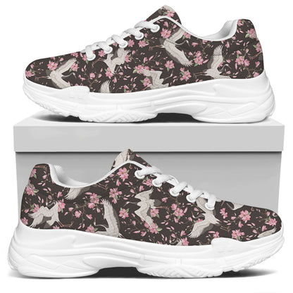 Crane Bird And Flower Pattern Print White Chunky Shoes