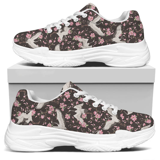 Crane Bird And Flower Pattern Print White Chunky Shoes