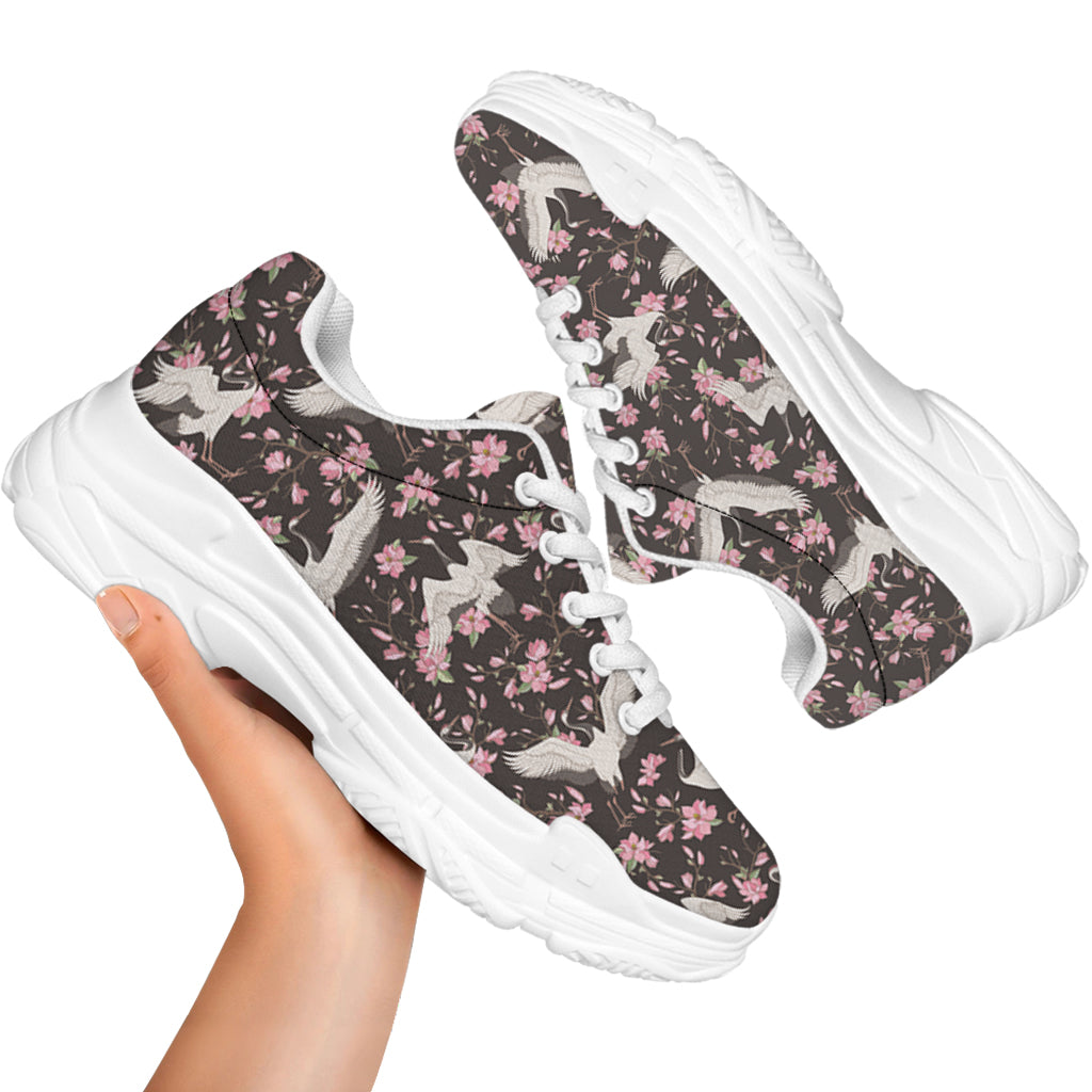 Crane Bird And Flower Pattern Print White Chunky Shoes