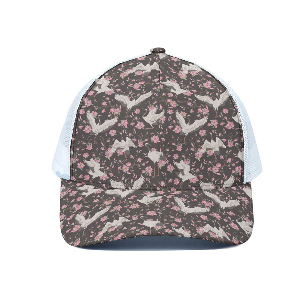 Crane Bird And Flower Pattern Print White Mesh Trucker Cap