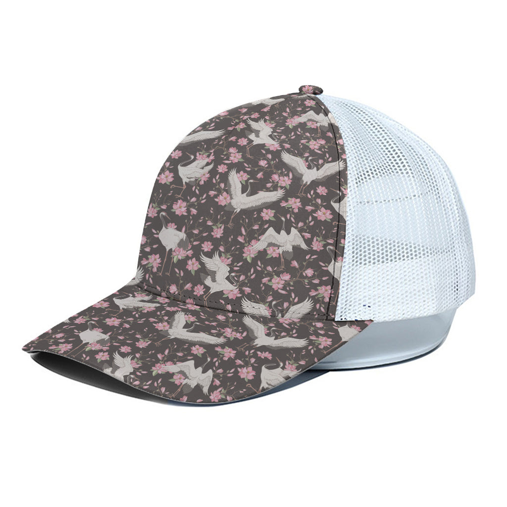 Crane Bird And Flower Pattern Print White Mesh Trucker Cap