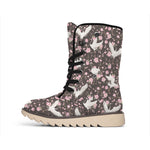Crane Bird And Flower Pattern Print Winter Boots