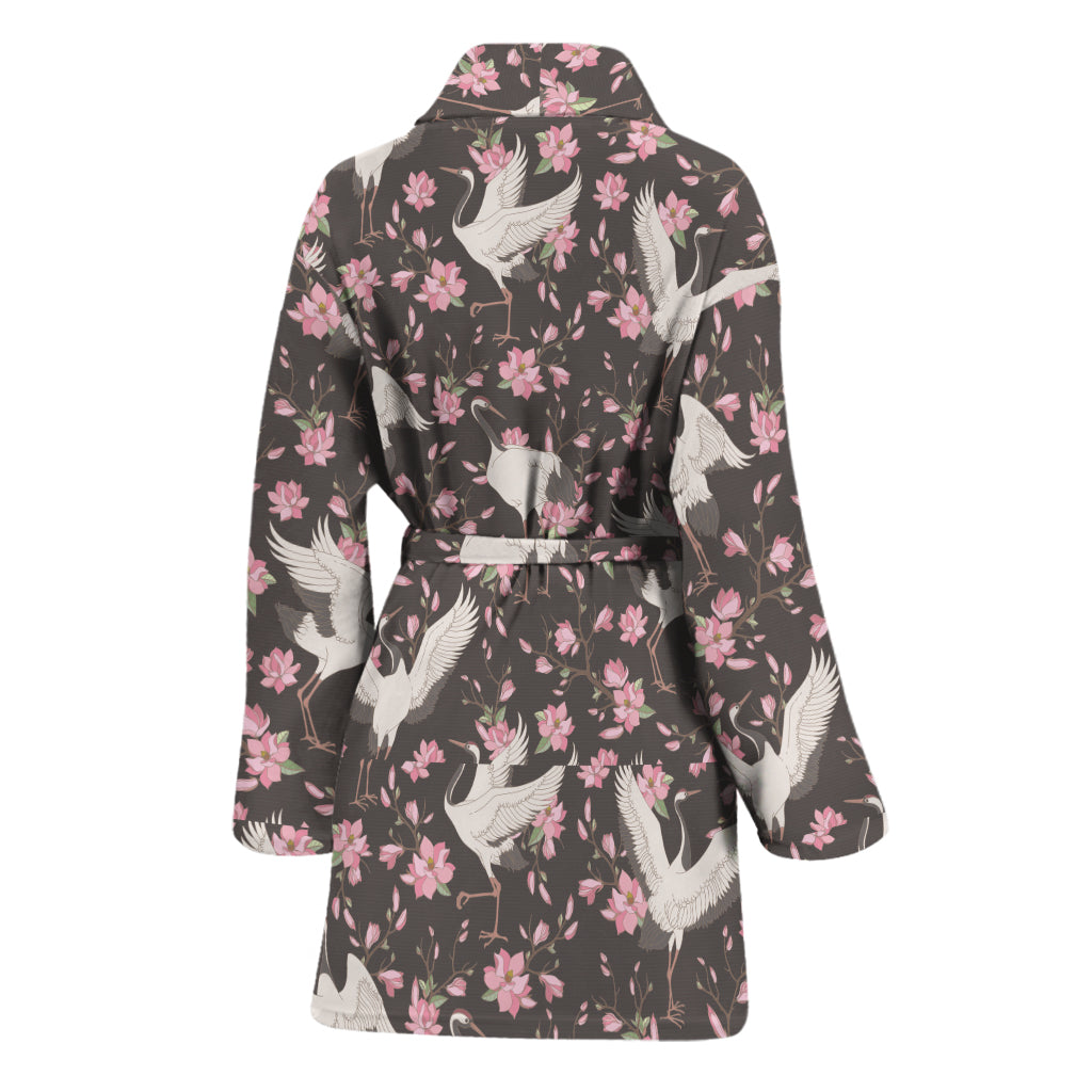 Crane Bird And Flower Pattern Print Women's Bathrobe