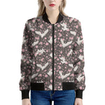 Crane Bird And Flower Pattern Print Women's Bomber Jacket