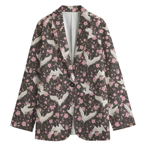 Crane Bird And Flower Pattern Print Women's Cotton Blazer