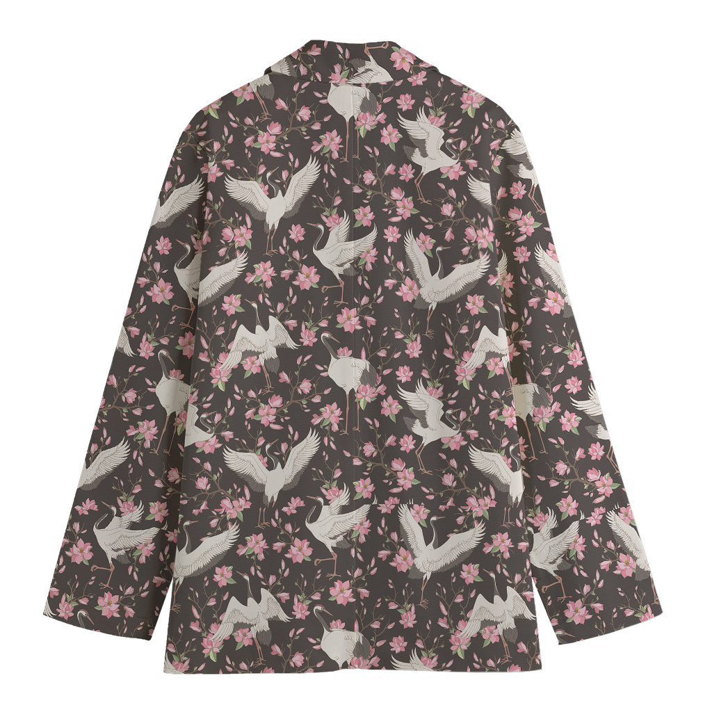 Crane Bird And Flower Pattern Print Women's Cotton Blazer