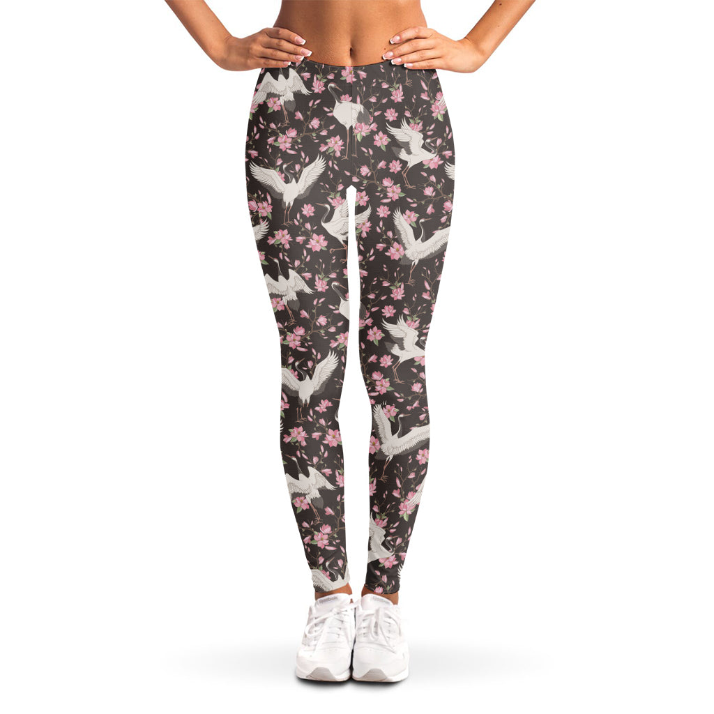 Crane Bird And Flower Pattern Print Women's Leggings