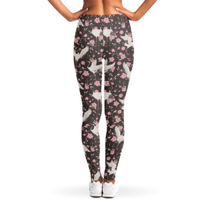 Crane Bird And Flower Pattern Print Women's Leggings