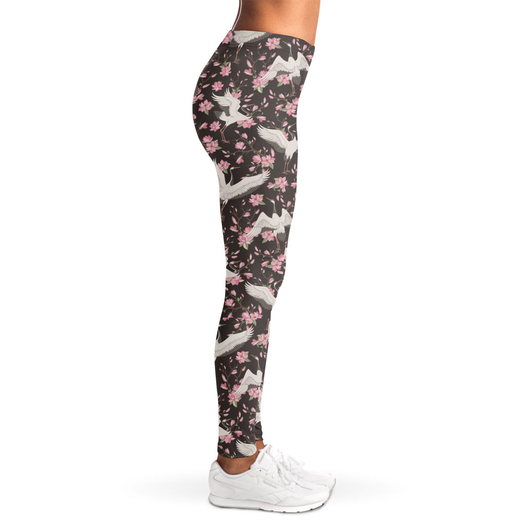 Crane Bird And Flower Pattern Print Women's Leggings