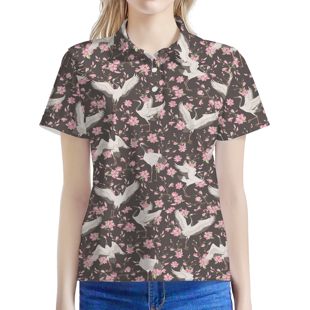 Crane Bird And Flower Pattern Print Women's Polo Shirt