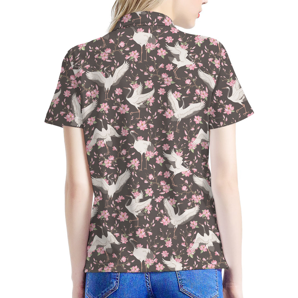 Crane Bird And Flower Pattern Print Women's Polo Shirt