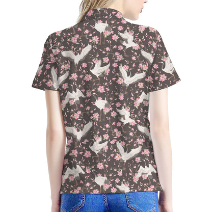 Crane Bird And Flower Pattern Print Women's Polo Shirt