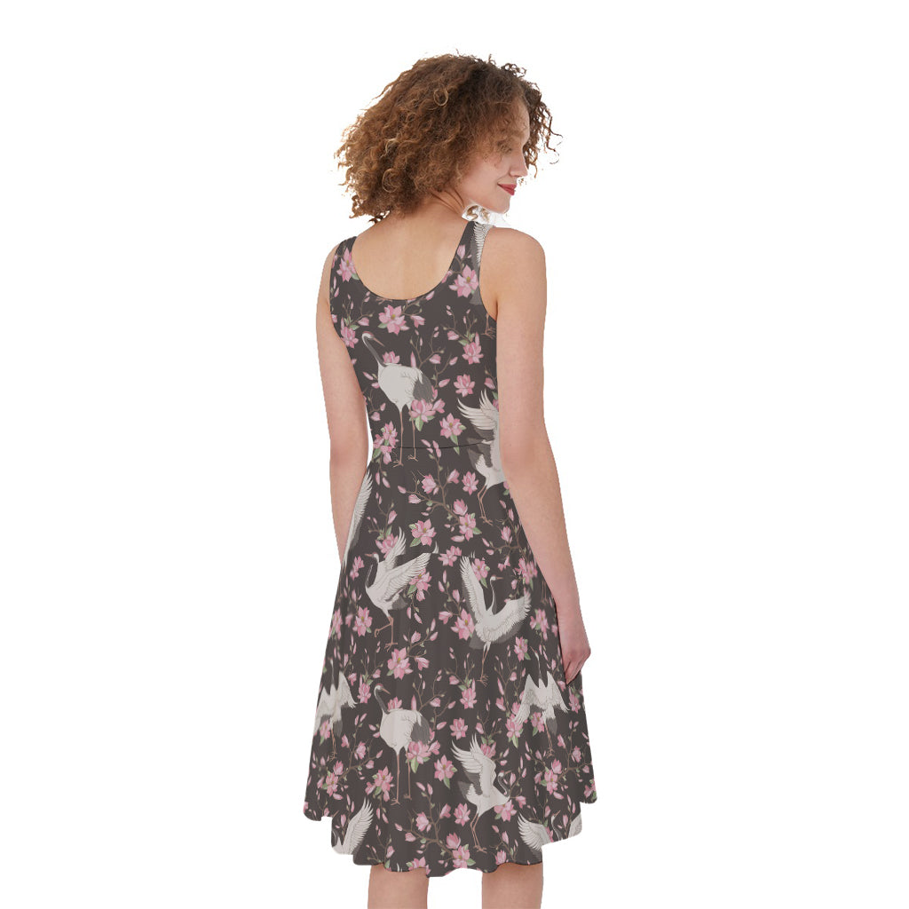 Crane Bird And Flower Pattern Print Women's Sleeveless Dress