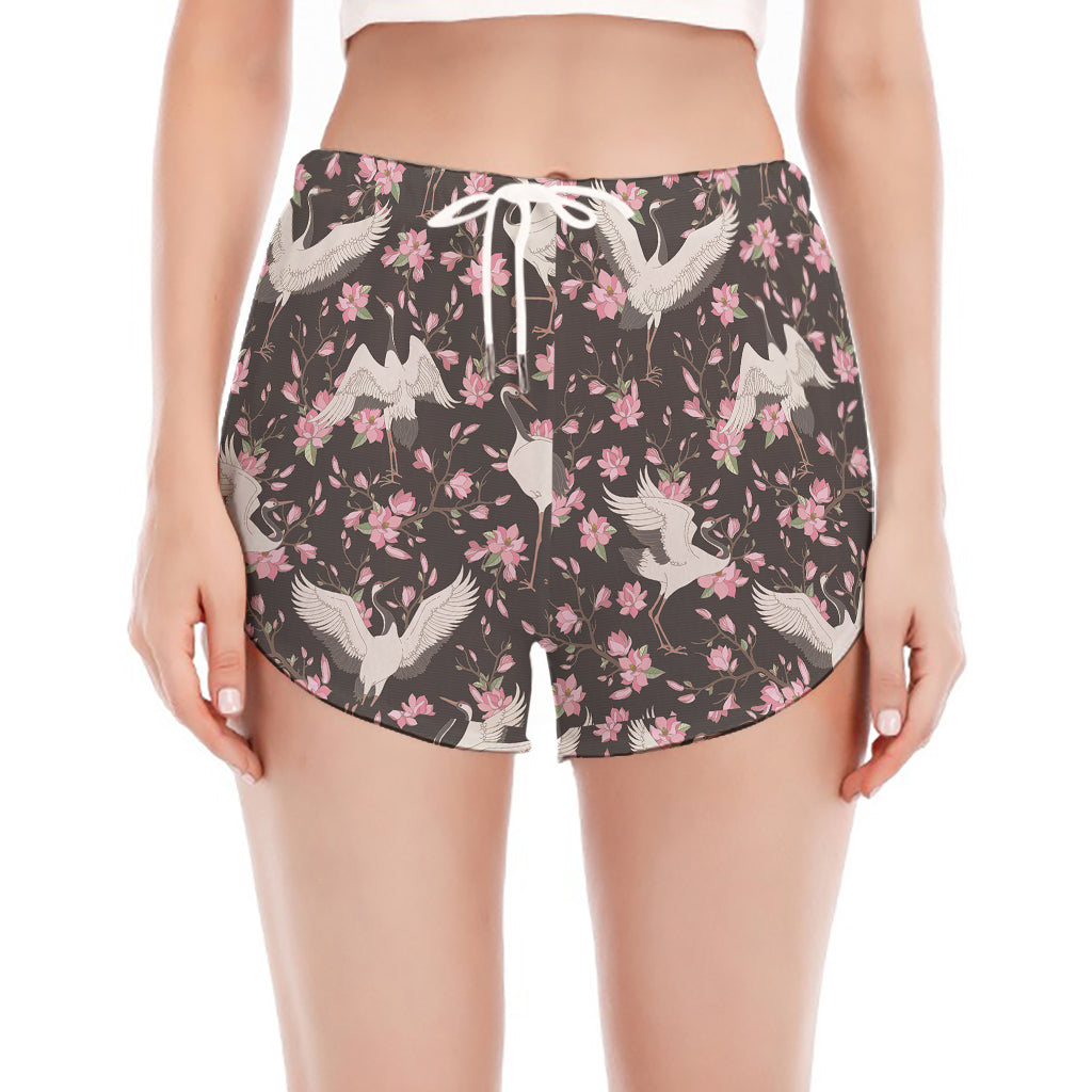 Crane Bird And Flower Pattern Print Women's Split Running Shorts