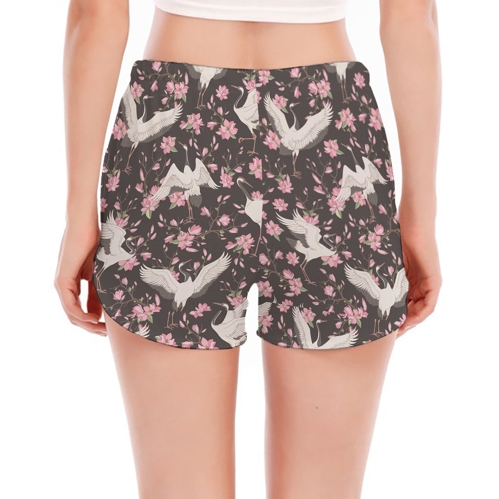 Crane Bird And Flower Pattern Print Women's Split Running Shorts