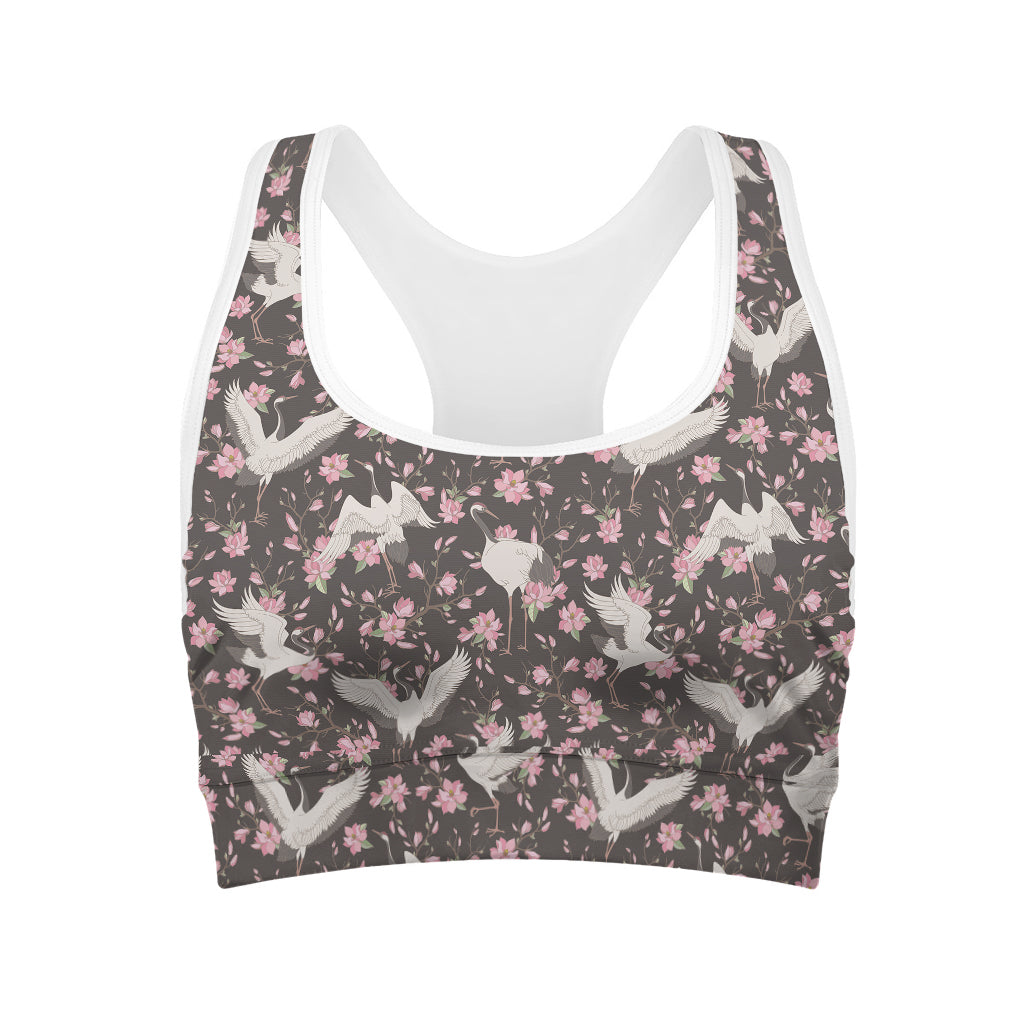 Crane Bird And Flower Pattern Print Women's Sports Bra