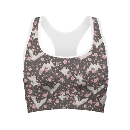Crane Bird And Flower Pattern Print Women's Sports Bra