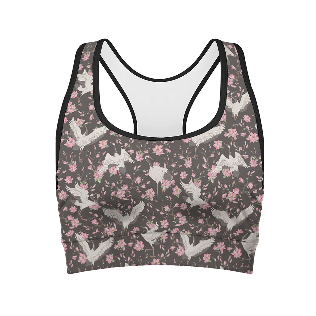 Crane Bird And Flower Pattern Print Women's Sports Bra