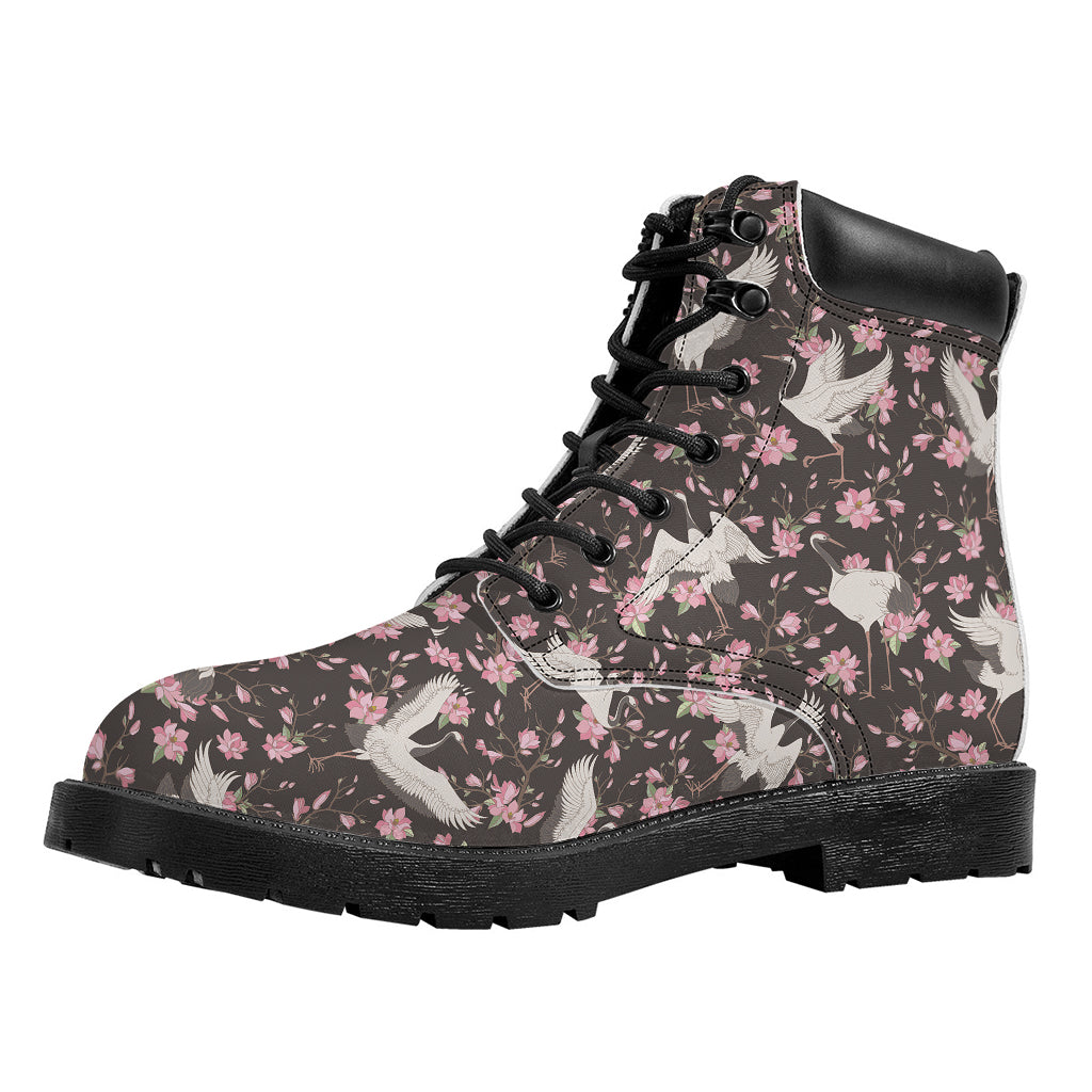 Crane Bird And Flower Pattern Print Work Boots