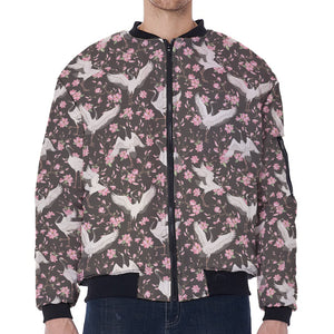 Crane Bird And Flower Pattern Print Zip Sleeve Bomber Jacket