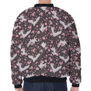 Crane Bird And Flower Pattern Print Zip Sleeve Bomber Jacket