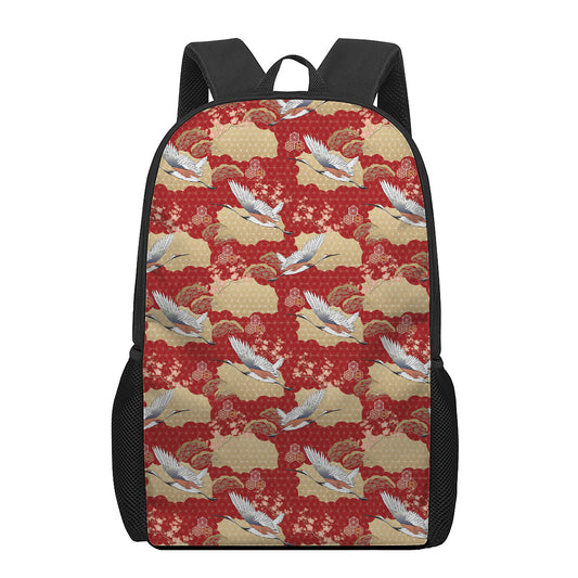 Crane Bird Kimono Pattern Print 17 Inch Backpack