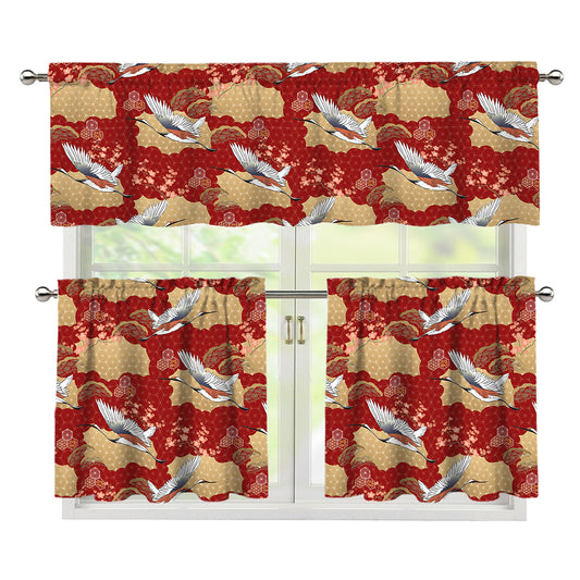 Crane Bird Kimono Pattern Print 3 Piece Kitchen Curtains
