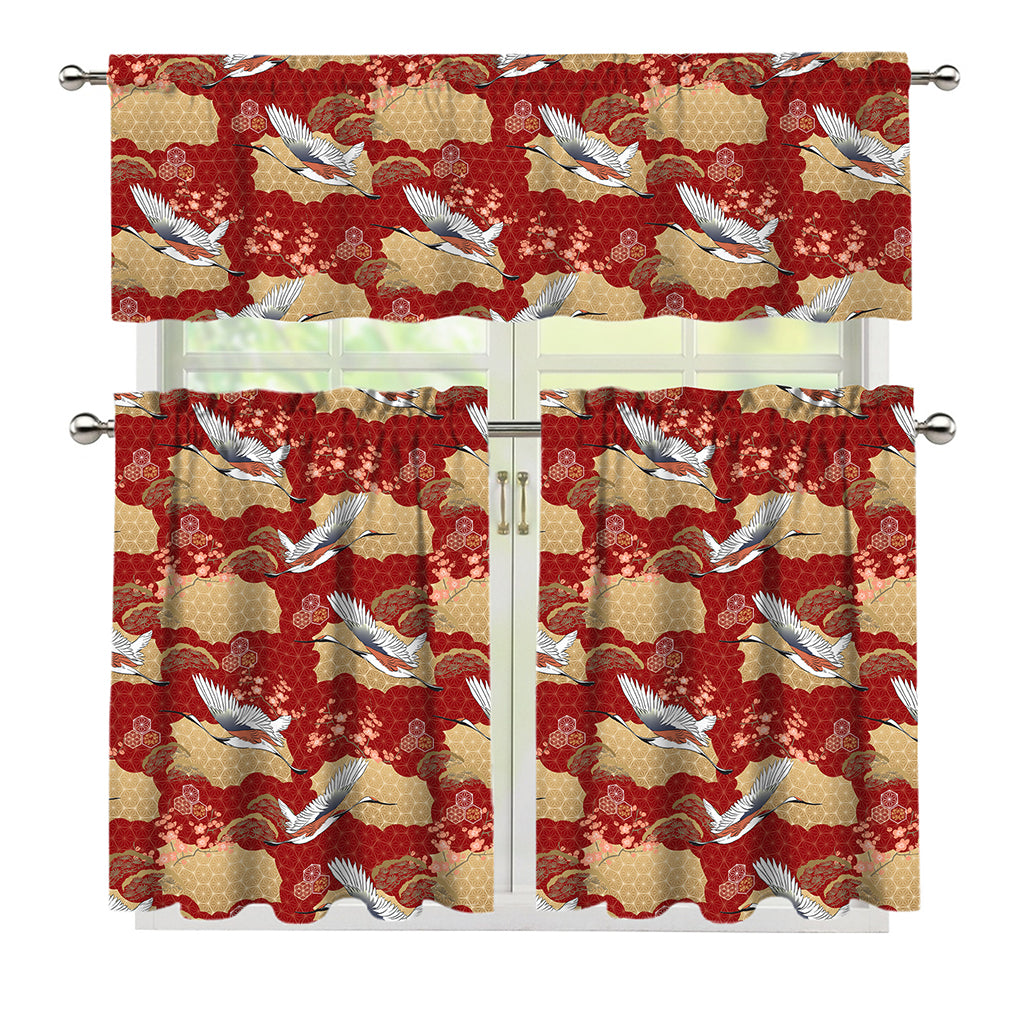 Crane Bird Kimono Pattern Print 3 Piece Kitchen Curtains