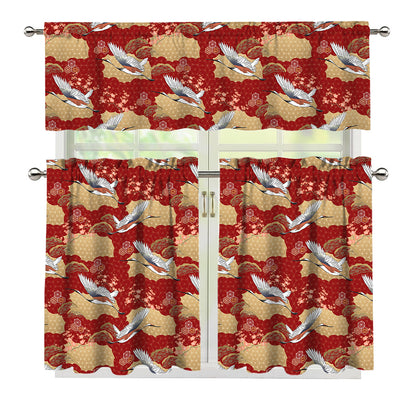 Crane Bird Kimono Pattern Print 3 Piece Kitchen Curtains