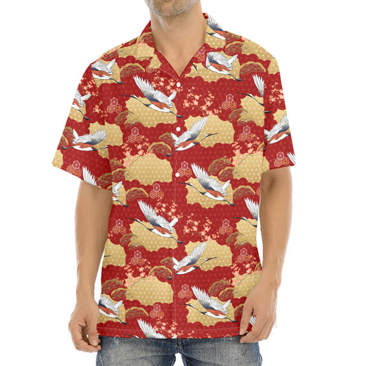Crane Bird Kimono Pattern Print Aloha Shirt