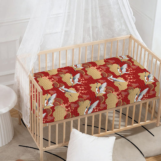 Crane Bird Kimono Pattern Print Baby Crib Sheet