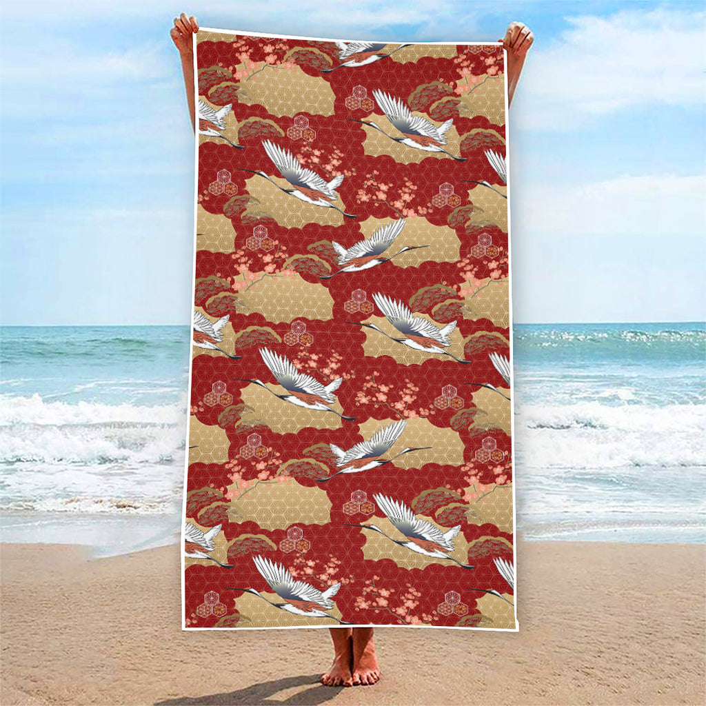 Crane Bird Kimono Pattern Print Beach Towel